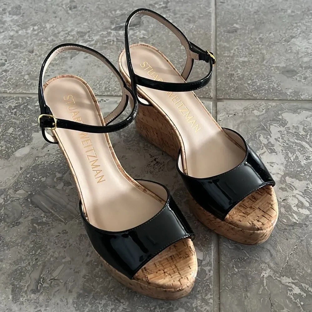Stuart Weitzman Palmina Platform Wedge Sandals, Black, NWT, Size 37.5/7 - Picture 8 of 12